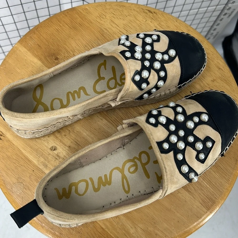 Sam Edelman Celton Leather Espadrille Pearl Beaded Logo Platform loafer shoe 8.5